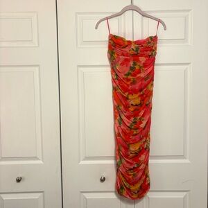 Zara Bodycon Strapless Midi Bright Pink Floral Print Dress Size M